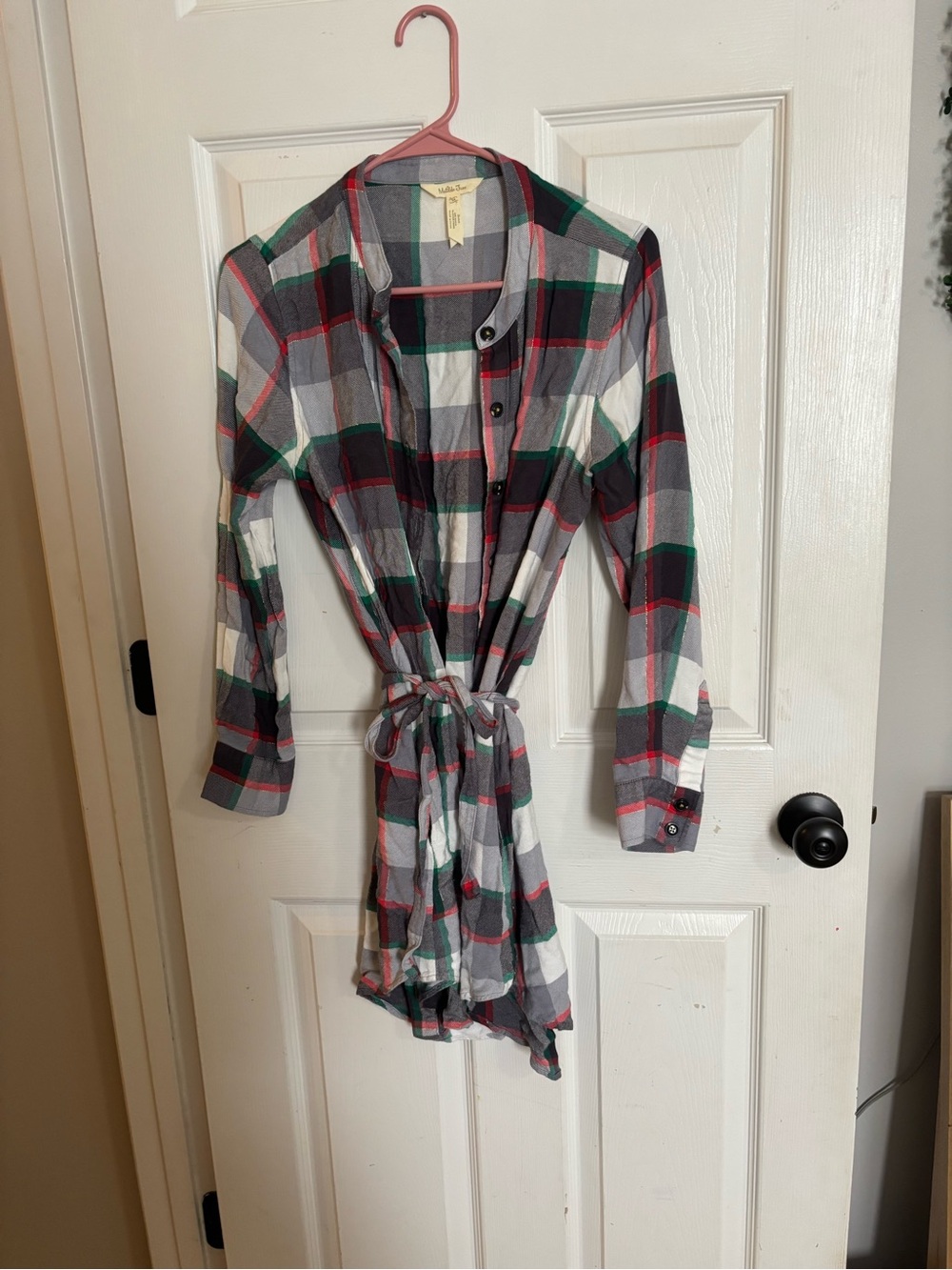 Matilda Jane Gray, White & Green Plaid Tie-Waist Shirt Dress